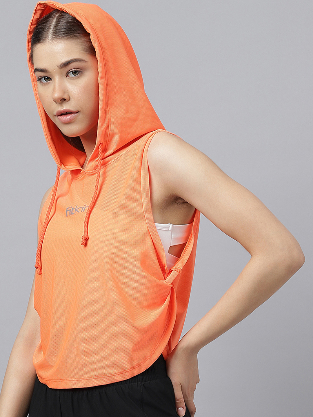 Fitkin Women Orange Self Design Hooded Side Twist Top