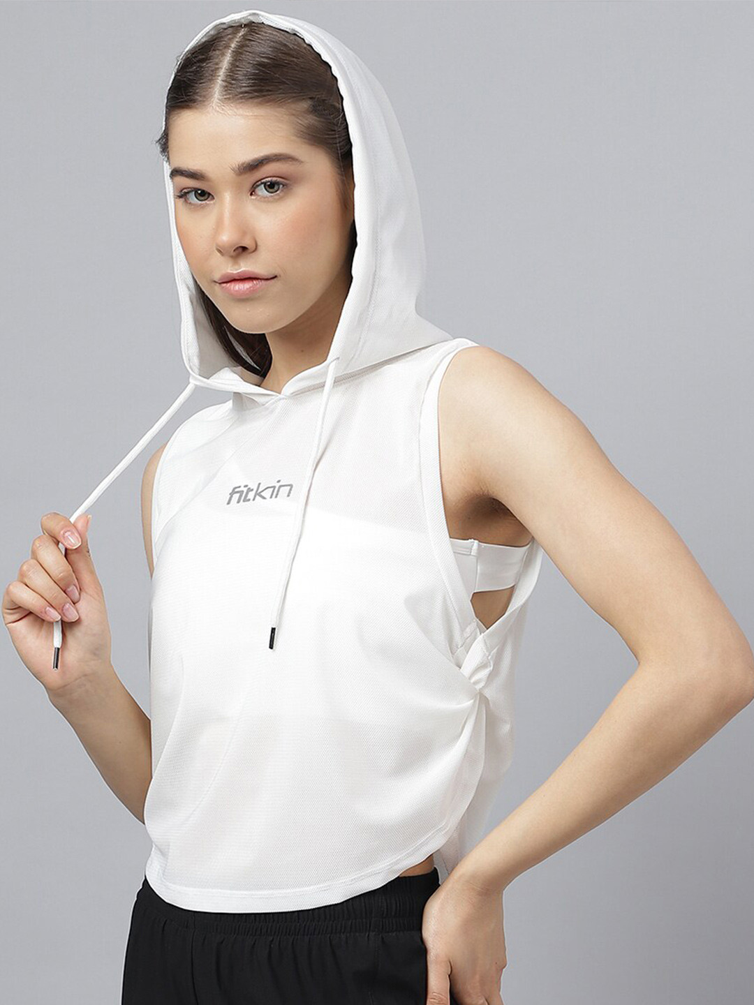 Fitkin Women White Self Design Hooded Side Twist Top