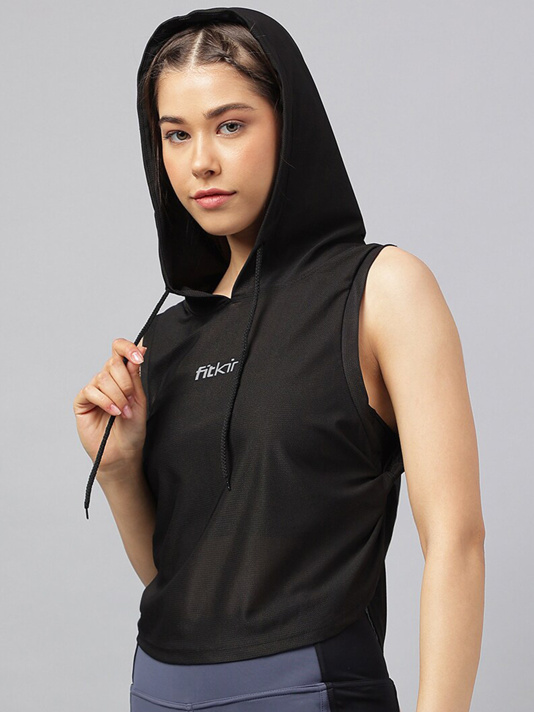 Fitkin Women Black Self Design Hooded Side Twist Top