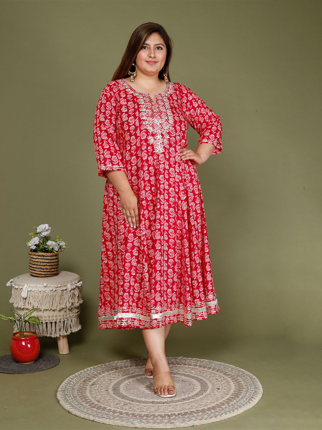 Swasti Plus Size Floral Printed Three-Quarter Sleeves Cotton Ethnic Dress