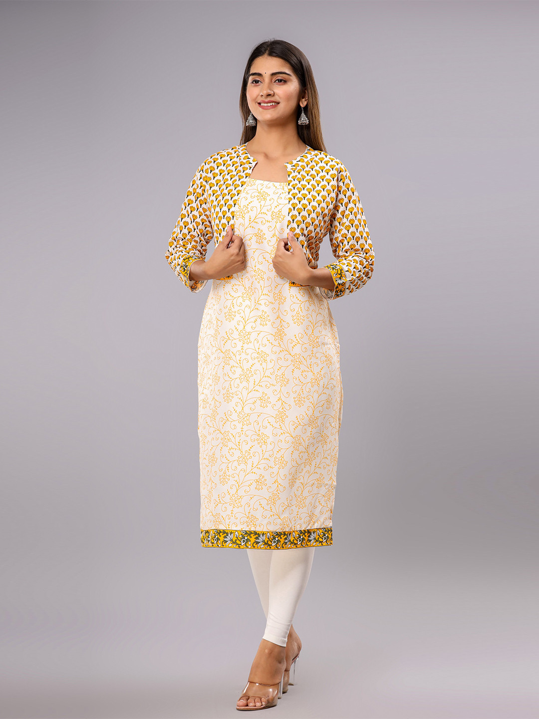 Shedika Floral Printed Square Neck Sleeveless Straight Kurta with Jacket