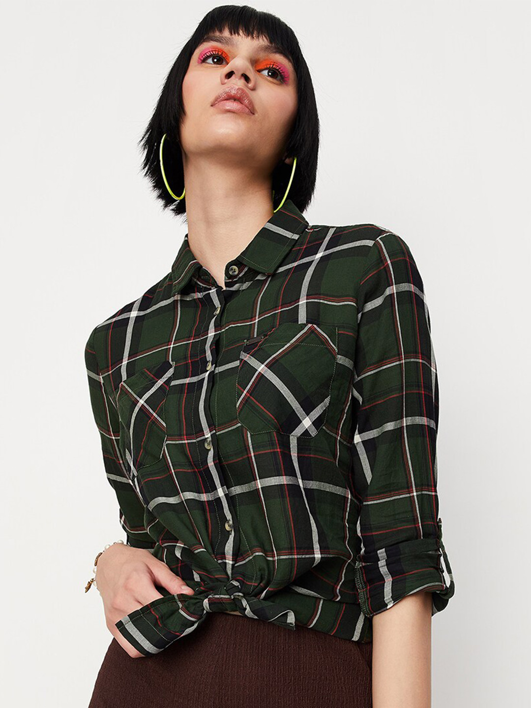 max Tartan Checked Roll-Up Sleeves Pure Cotton Casual Shirt
