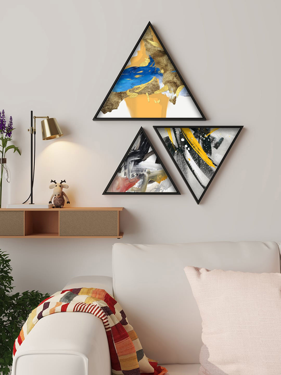 Art Street Yellow & White 3 Pieces Canvas Triangle Abstract Painting Framed Wall Art
