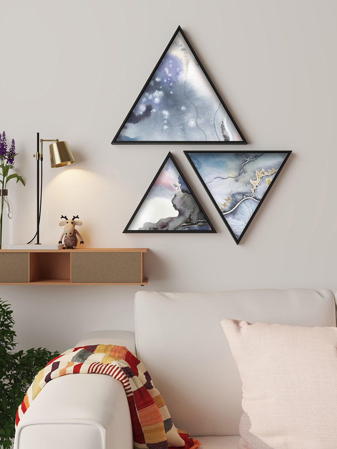 Art Street Blue 3 Pieces Canvas Triangle Abstract Water Color Painting Framed Wall Arts