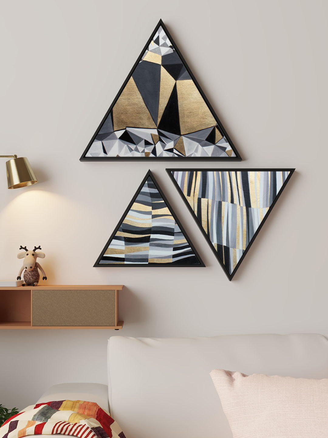 Art Street Gold & Grey 3 Pieces Triangular Printed Framed Wall Art