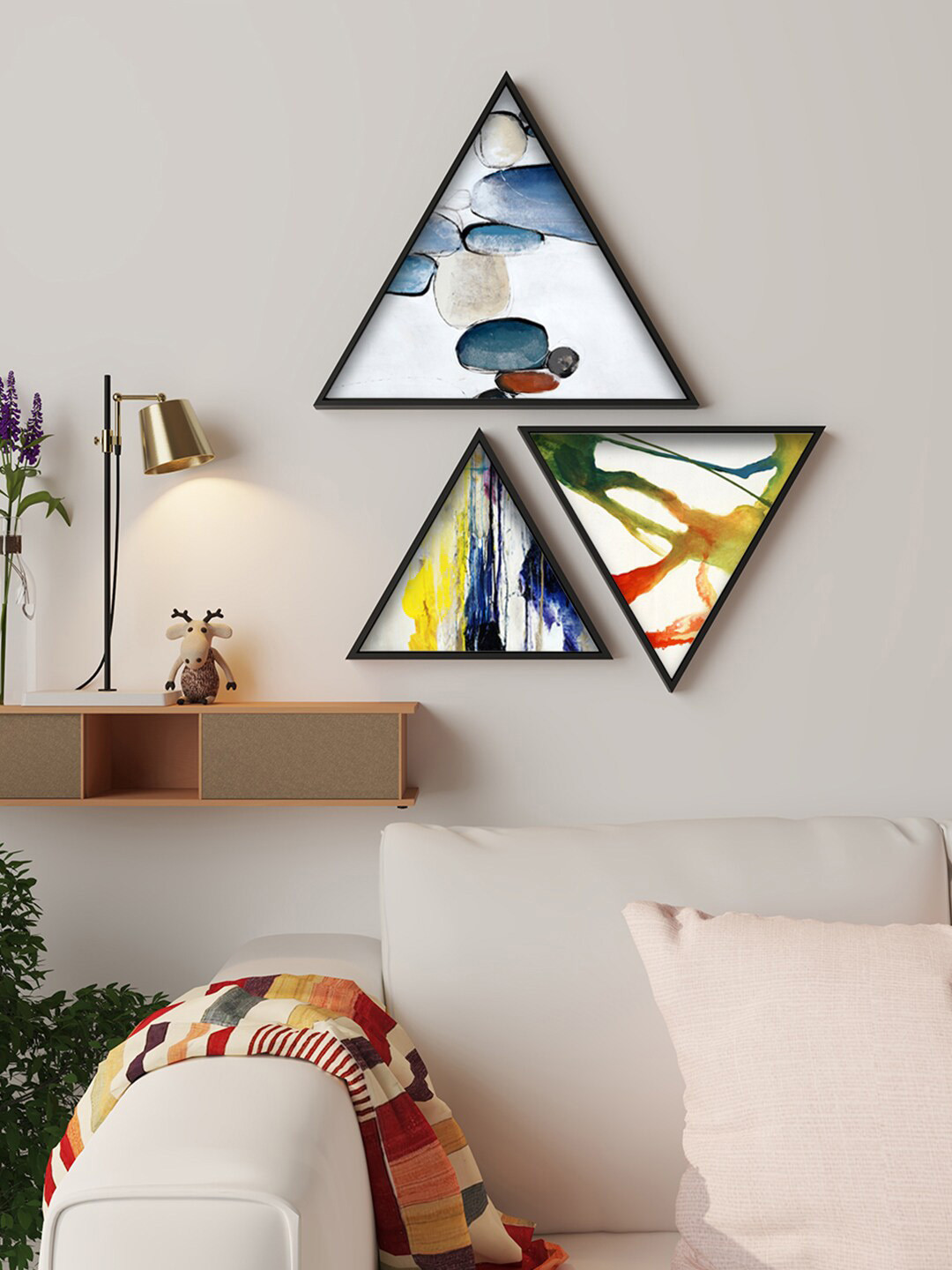 Art Street White & Blue 3 Pieces Triangle-Shaped Abstract Painting Wall Art