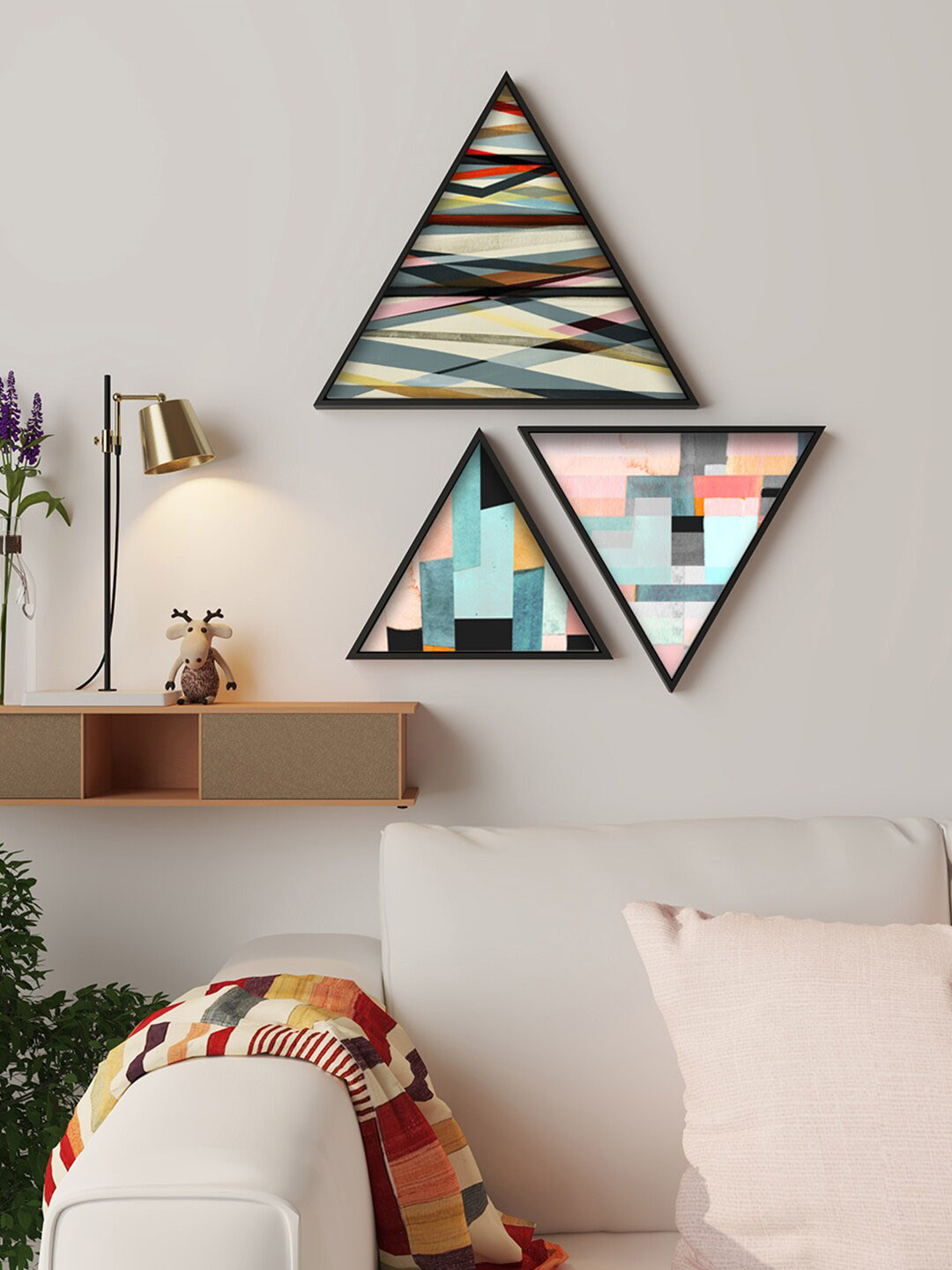 Art Street Blue & Black 3 Pieces Triangle Shaped Abstract Painting Wall Art