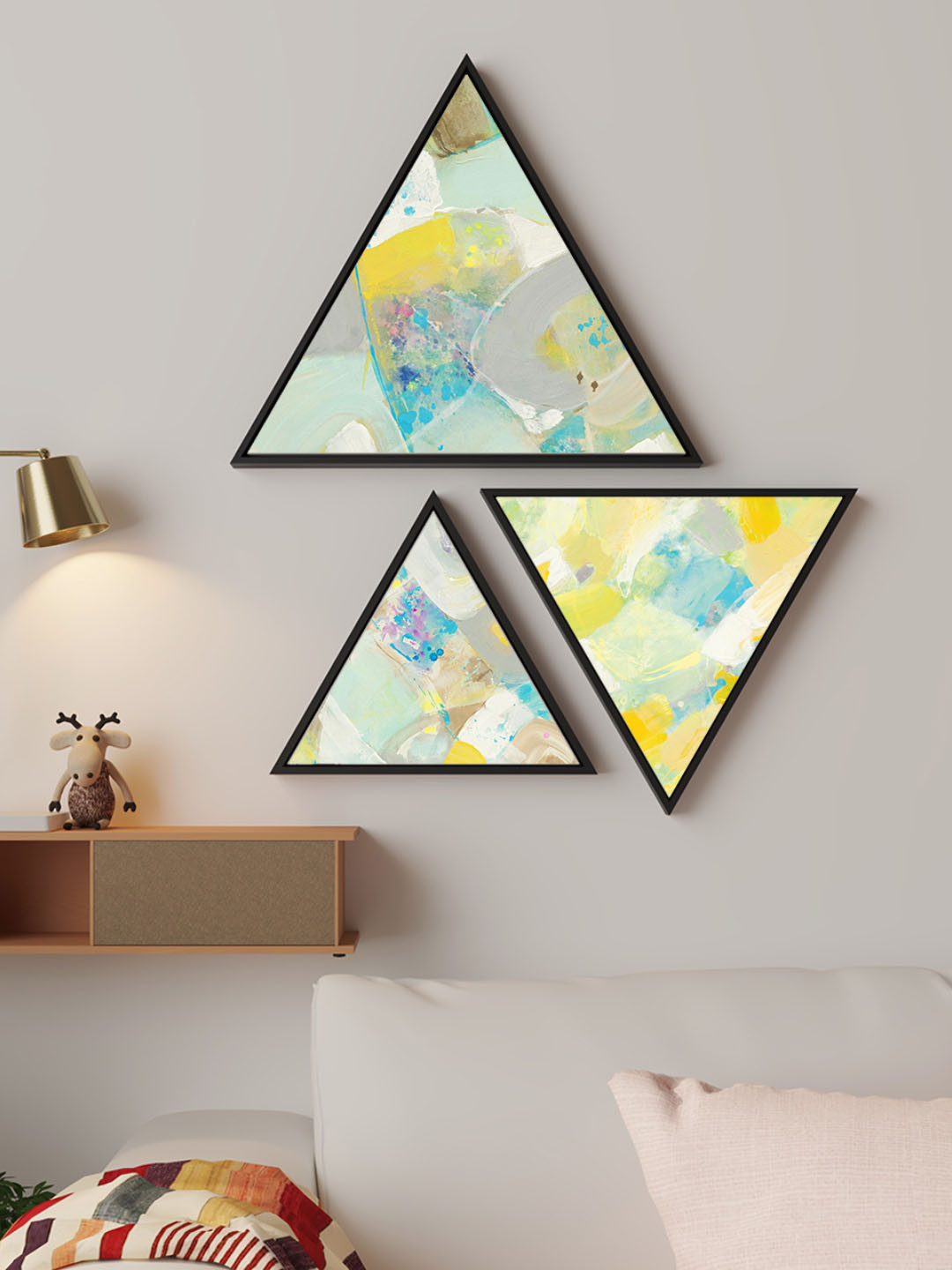 Art Street Green & Yellow 3 Pieces Canvas Triangle Abstract Painting Framed Wall Art