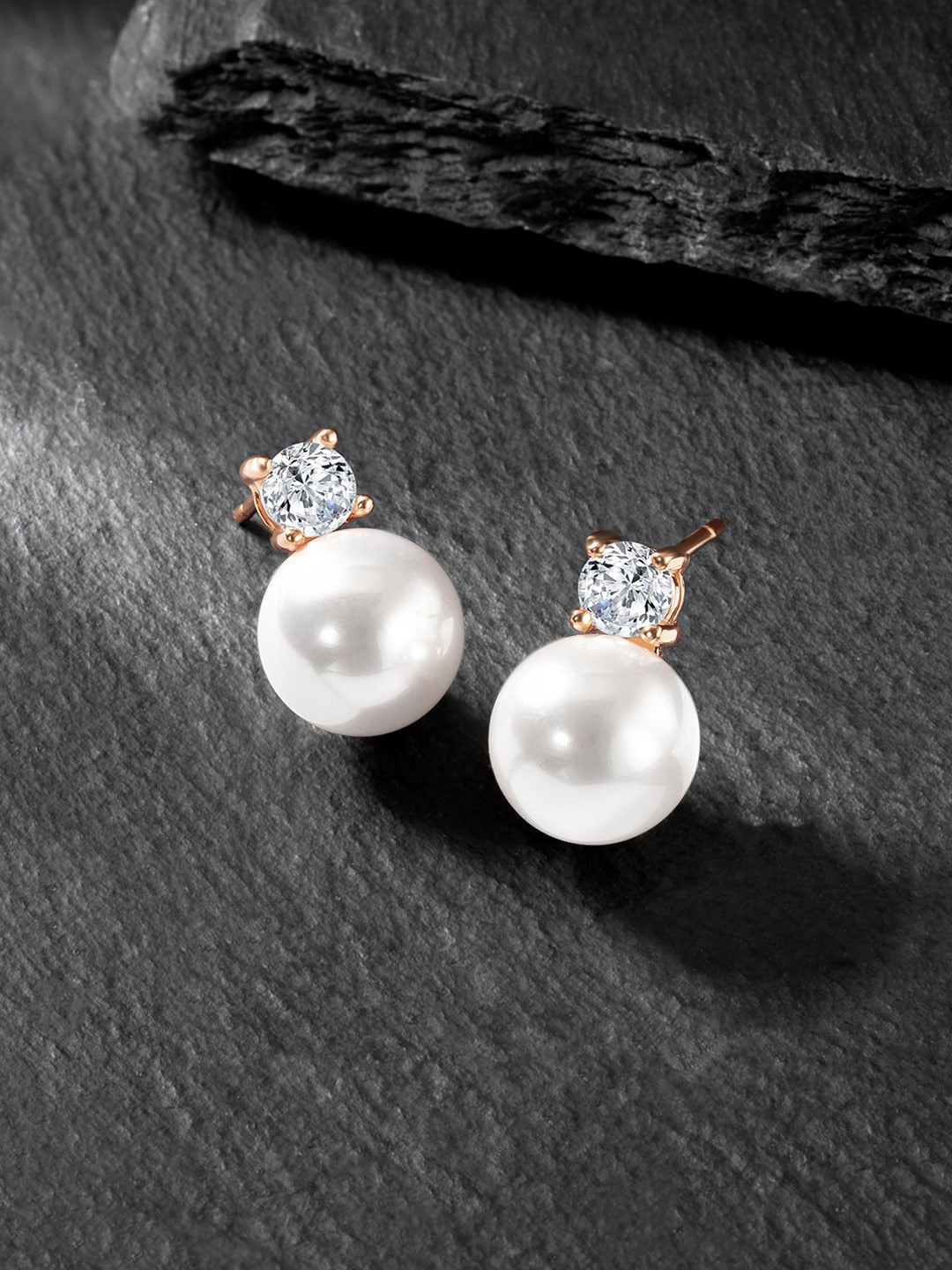 Peora Rose Gold-Plated Contemporary Cubic Zirconia & Bead Studs Earrings