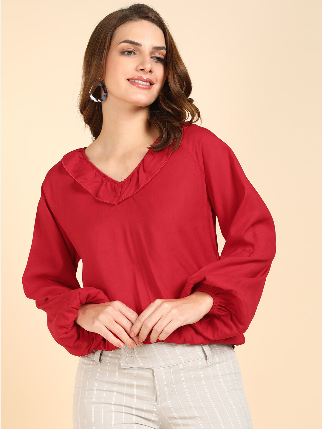 Me Craft V-Neck Puff Sleeves Blouson Top