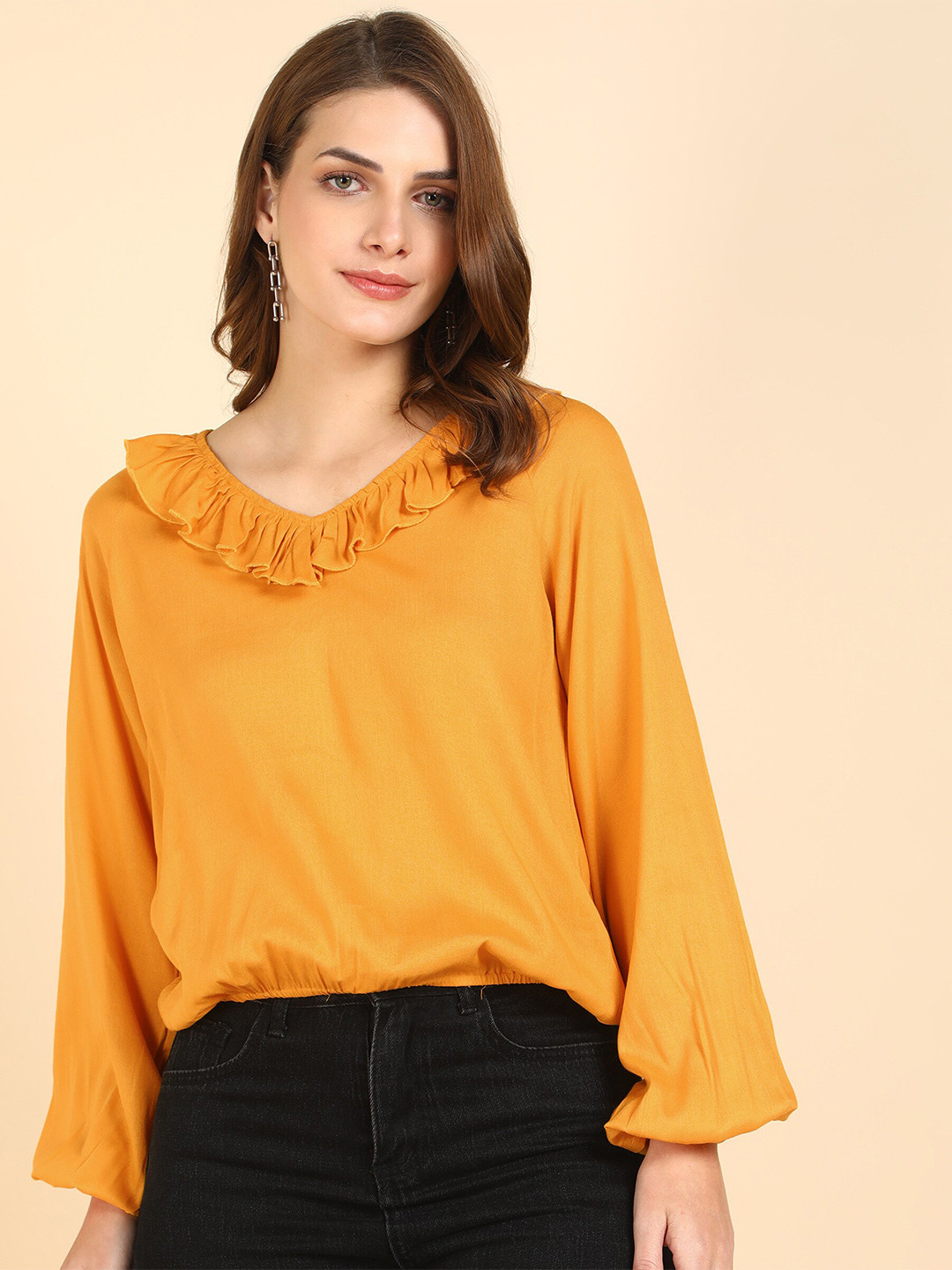 Me Craft V-Neck Puff Sleeves Blouson Top