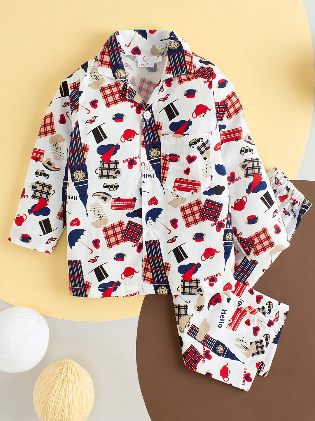 Babywish Kids Clock Theme Printed Pure Cotton Night suit