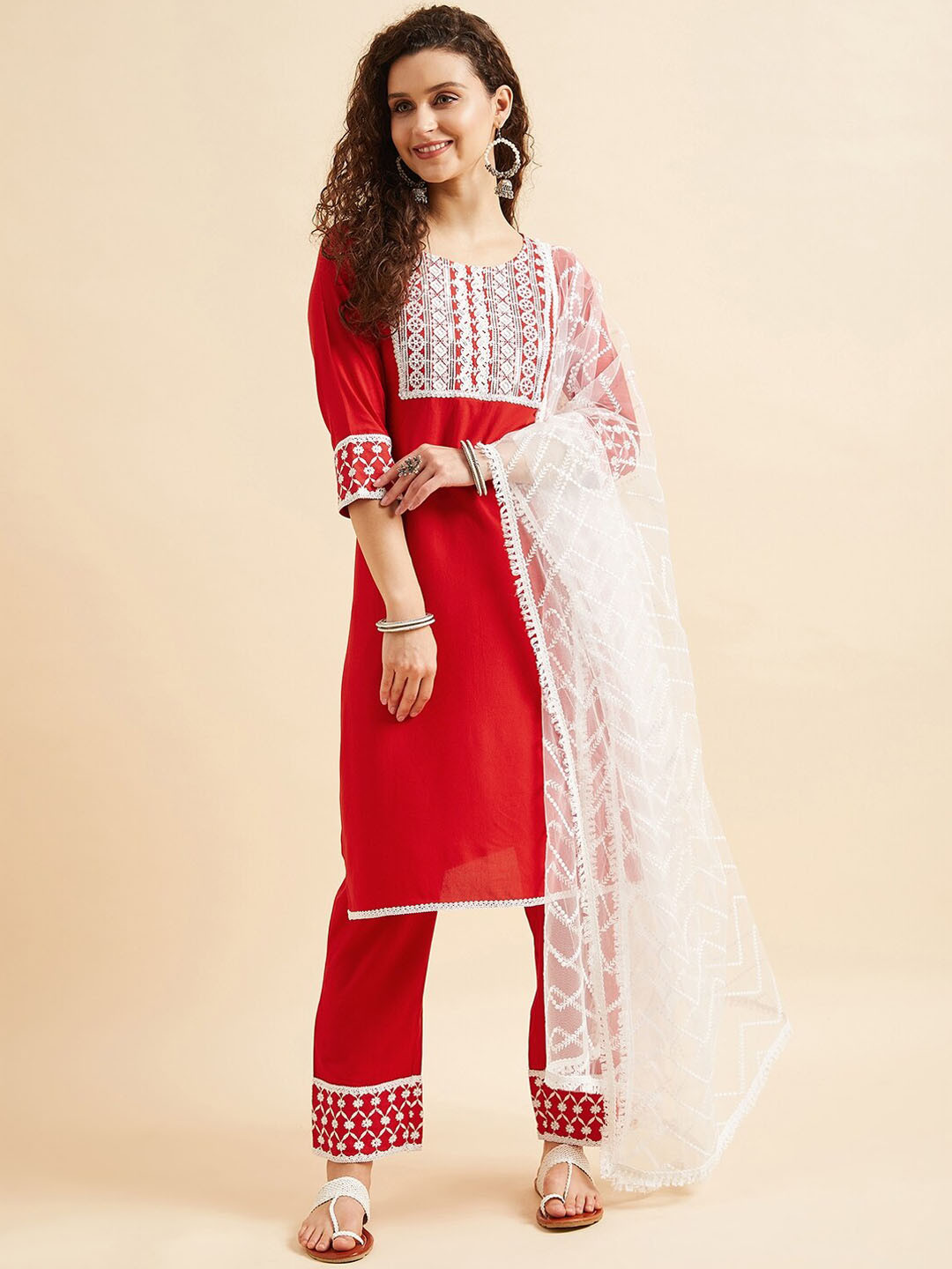 PANIT Red & White Ethnic Motifs Yoke Design Thread Work Kurta With Trousers & Dupatta