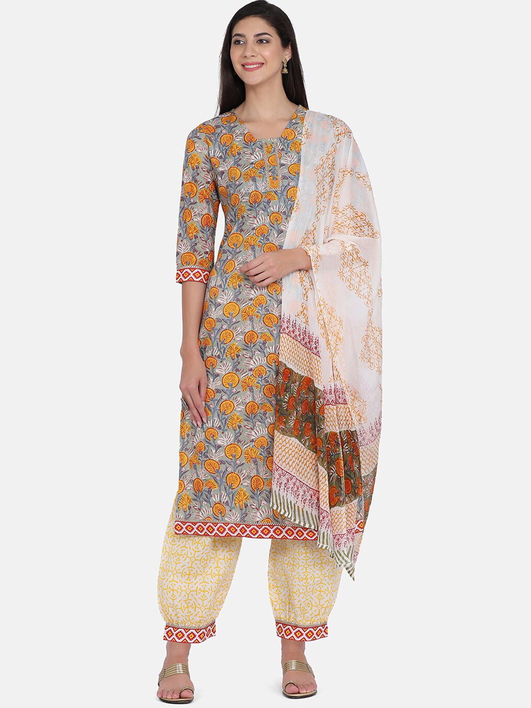 KALINI Floral Printed Pure Cotton Kurta & Pyjamas With Dupatta