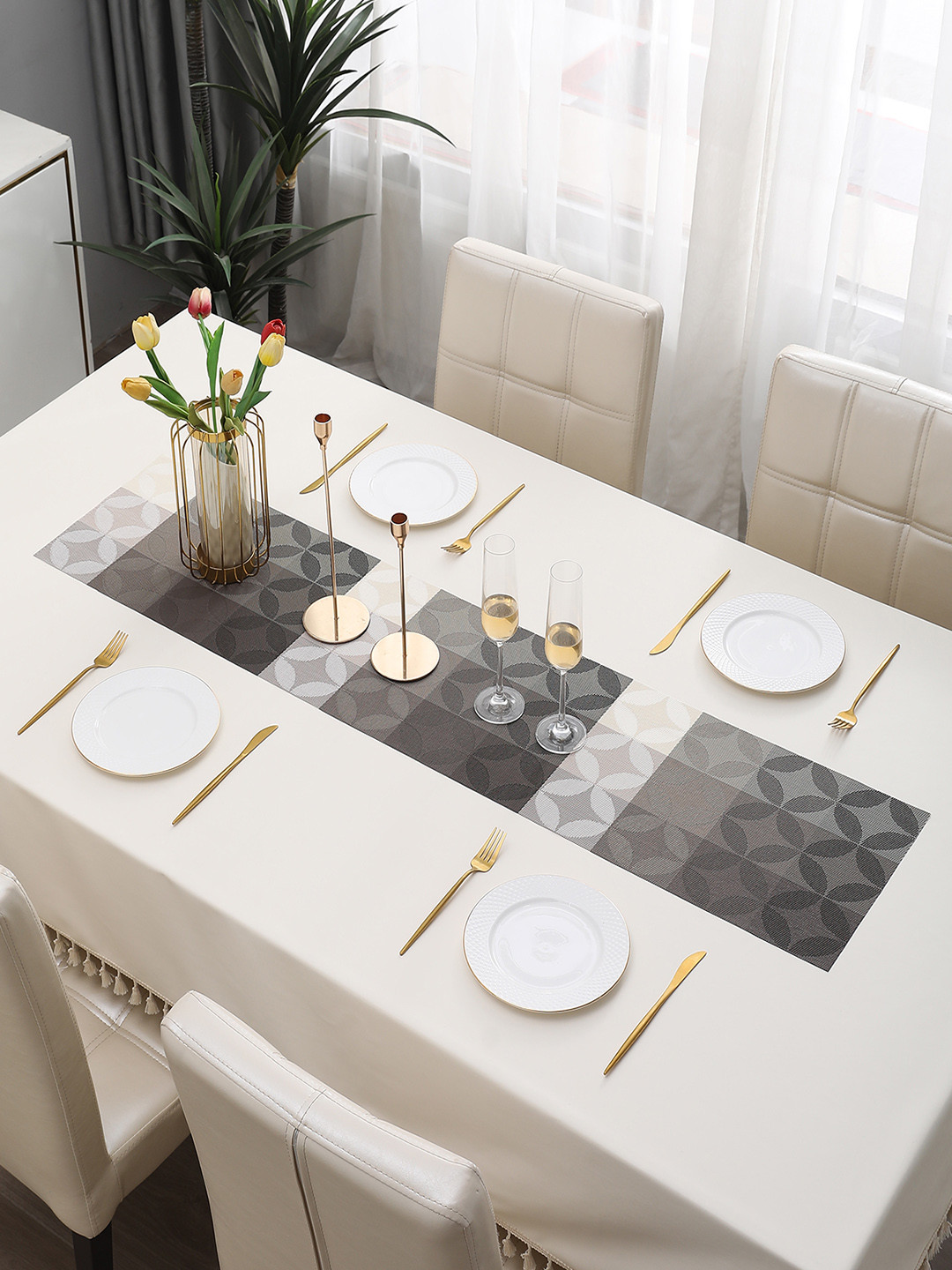 HOKIPO Brown & Grey Floral Rectangular Table Runner