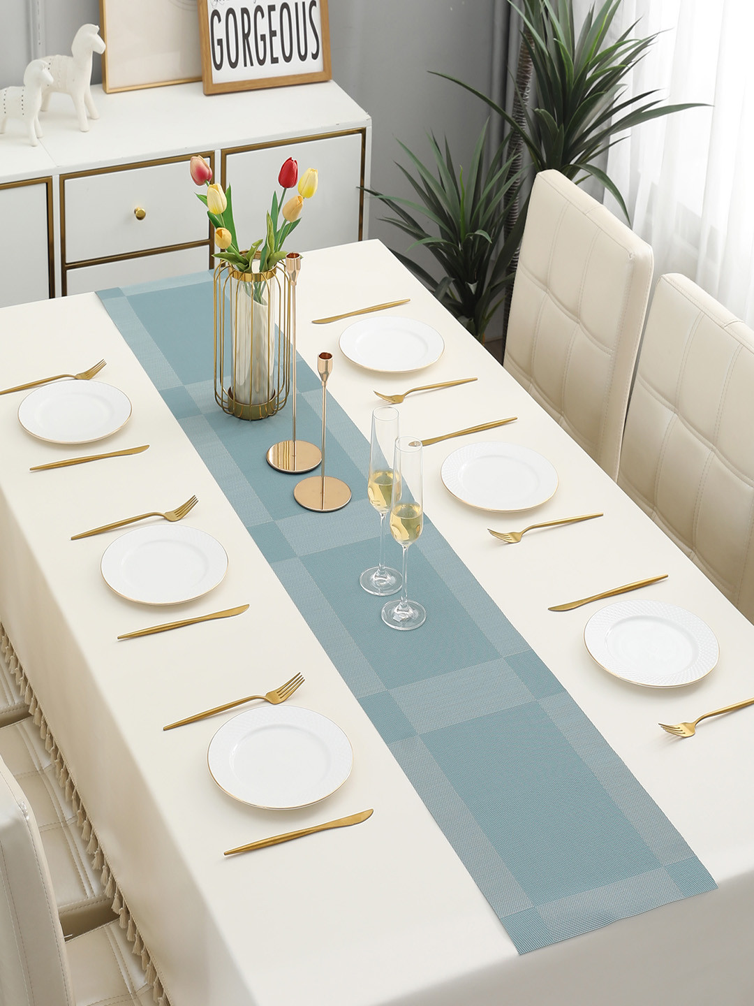 HOKIPO Blue Geometric Table Runners