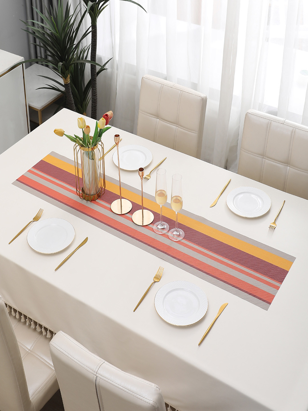 HOKIPO Yellow & Red Striped Rectangular Table Runner