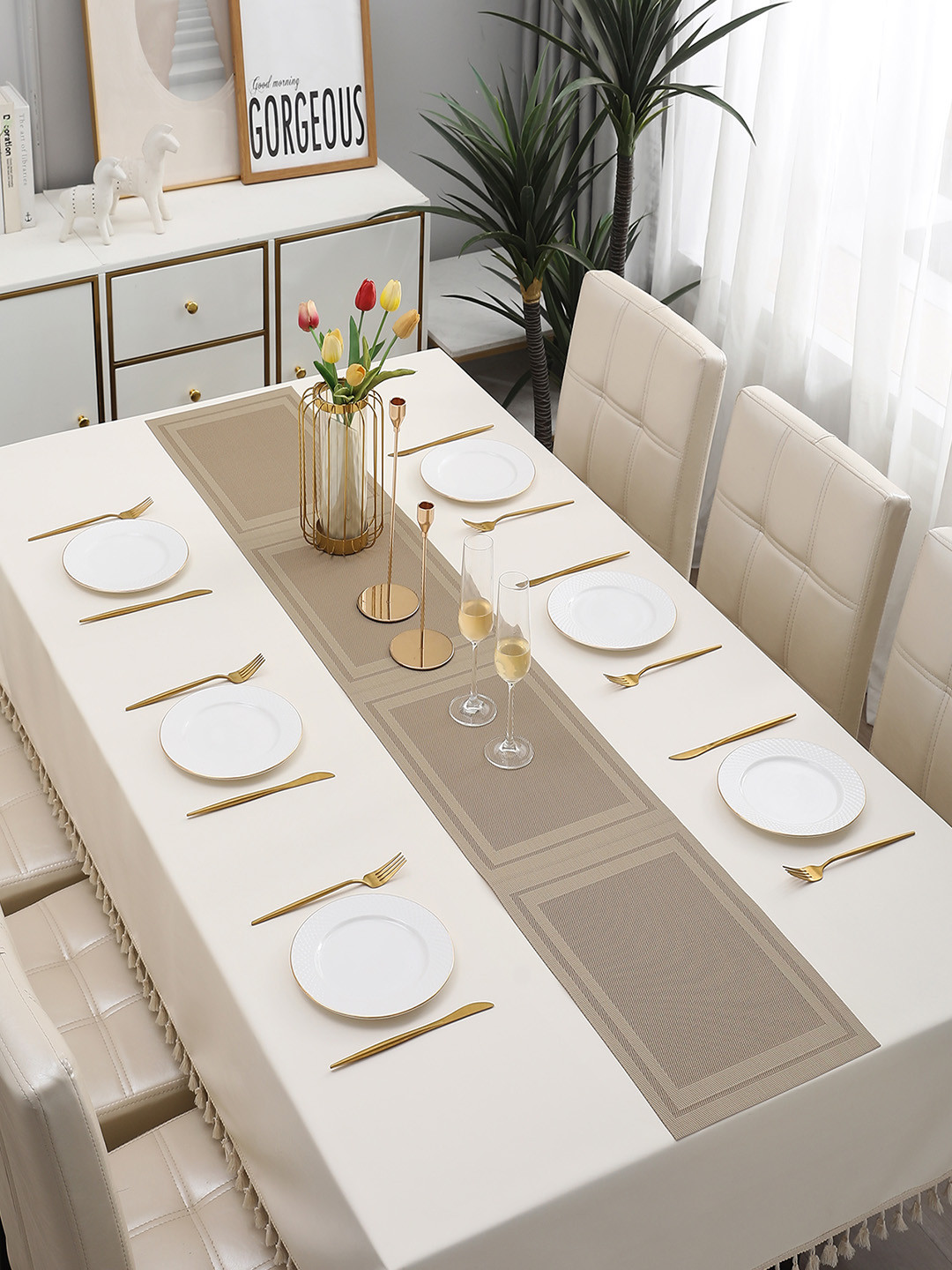 HOKIPO Beige Geometric Rectangular Table Runner