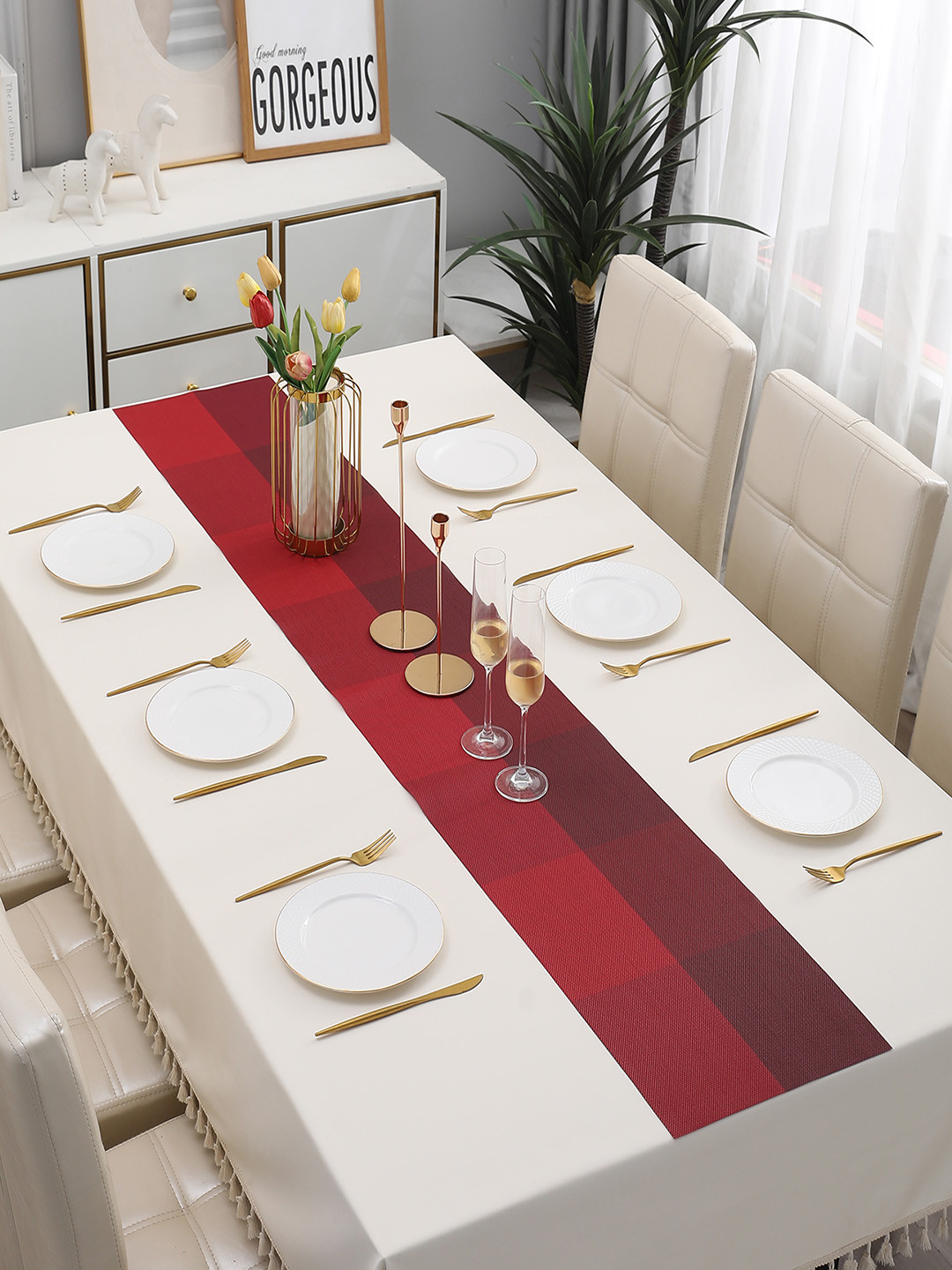 HOKIPO Red Checked Rectangular Table Runner