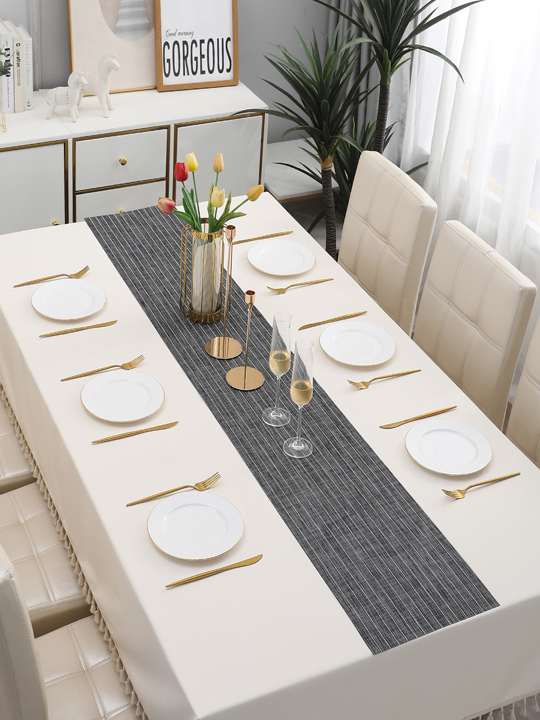 HOKIPO Grey Striped Table Runners