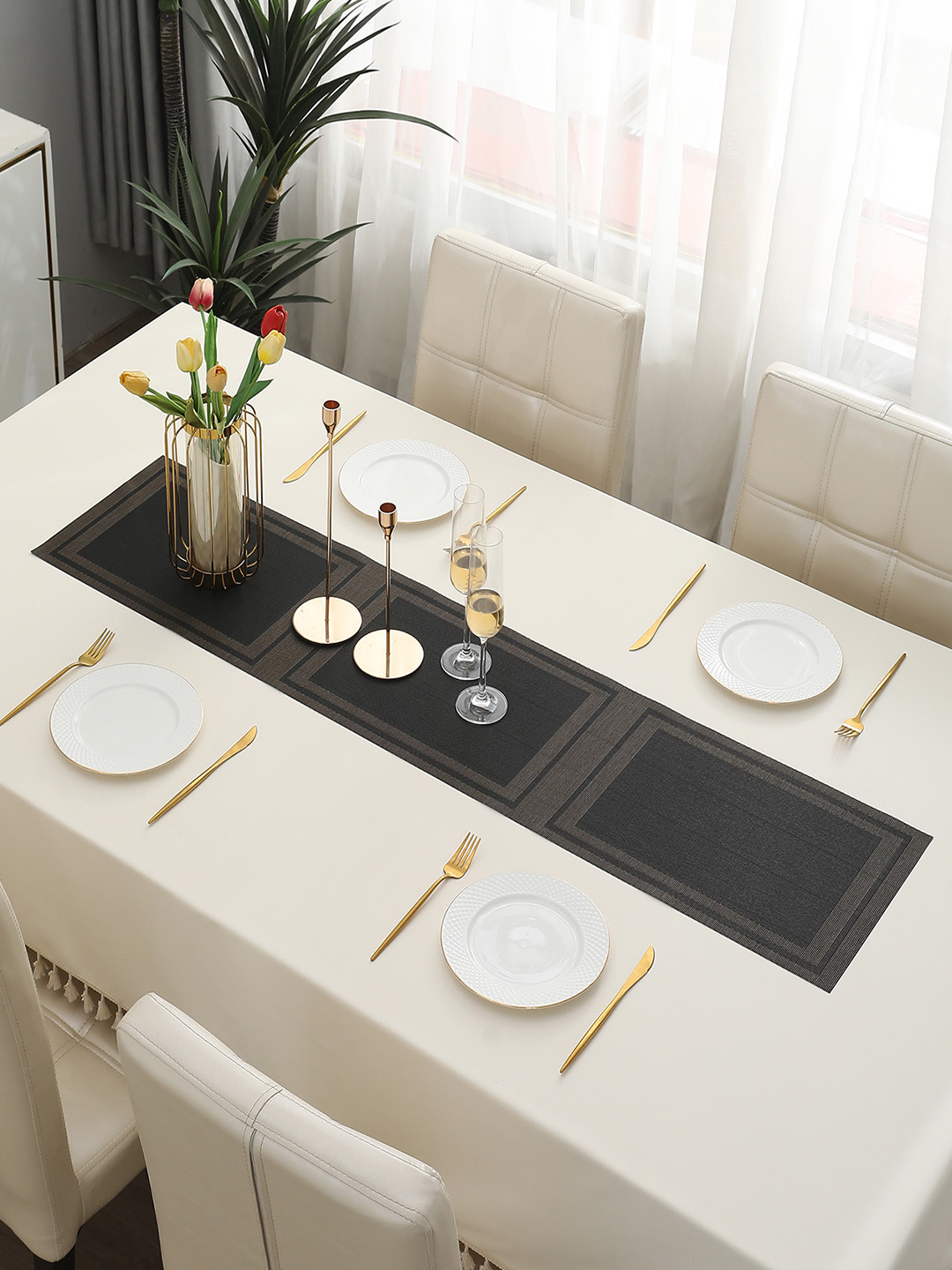 HOKIPO Black Geometric Rectangular Table Runner