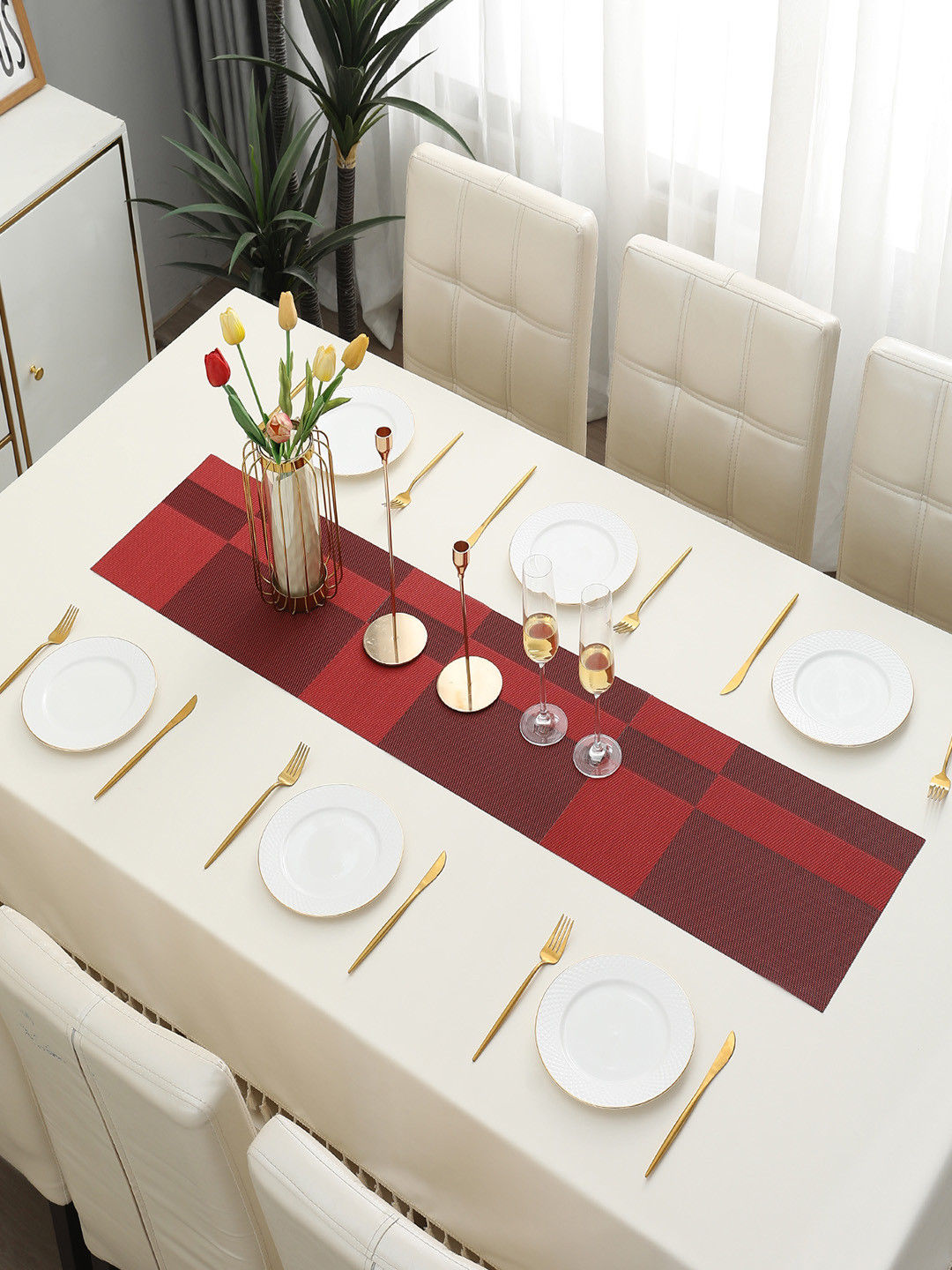 HOKIPO Red Geometric Table Runners