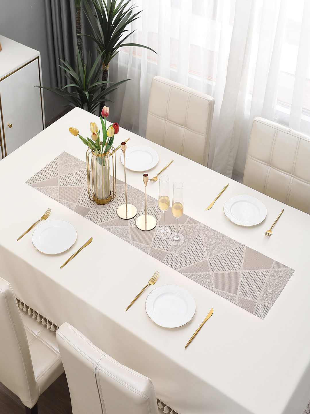 HOKIPO Beige Abstract Printed Table Runner