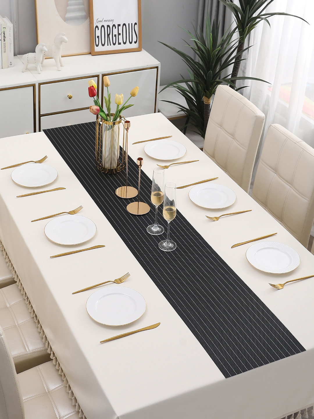 HOKIPO Black Striped Table Runner