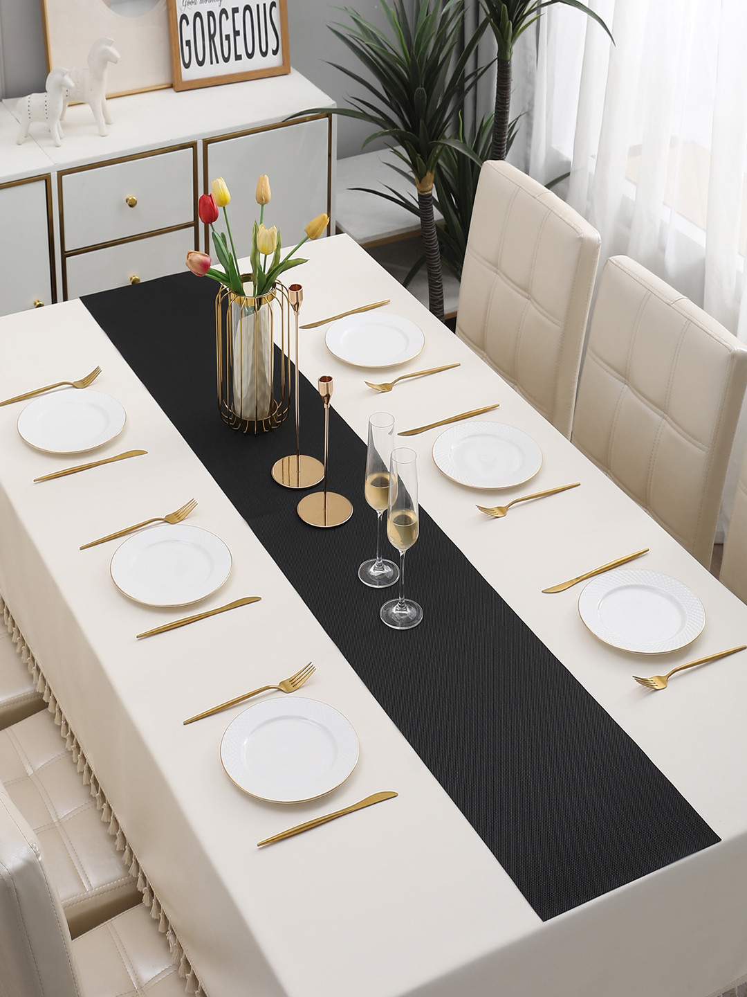 HOKIPO Black Plain PVC Table Runner