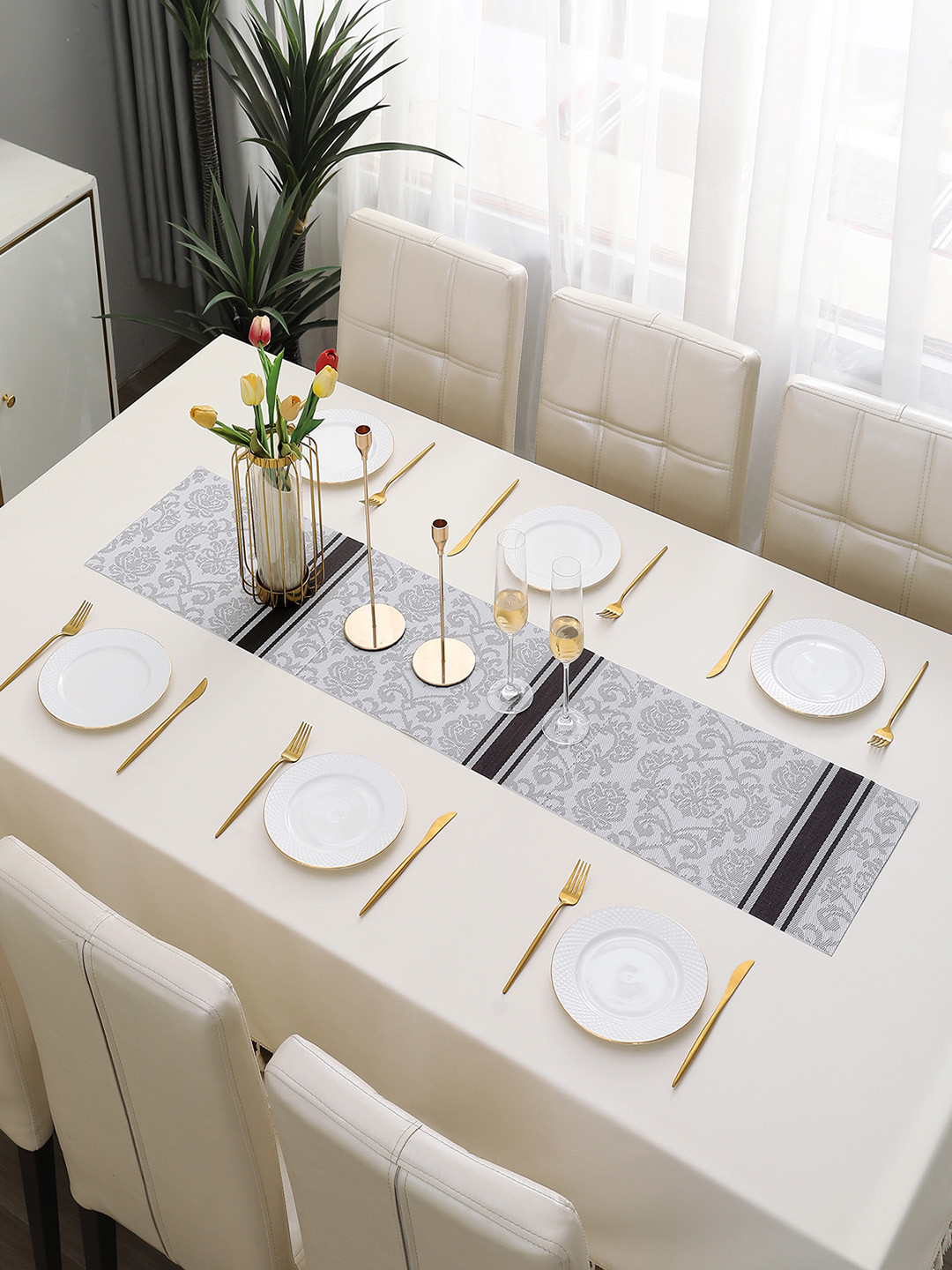 HOKIPO Grey Floral Printed Table Runner