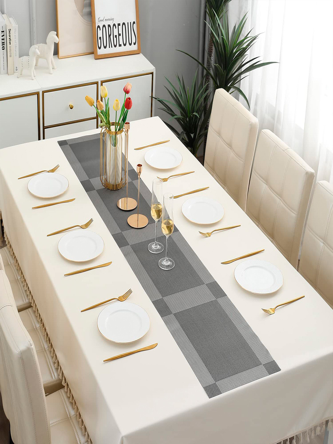 HOKIPO Grey Geometric Printed PVC Table Runner