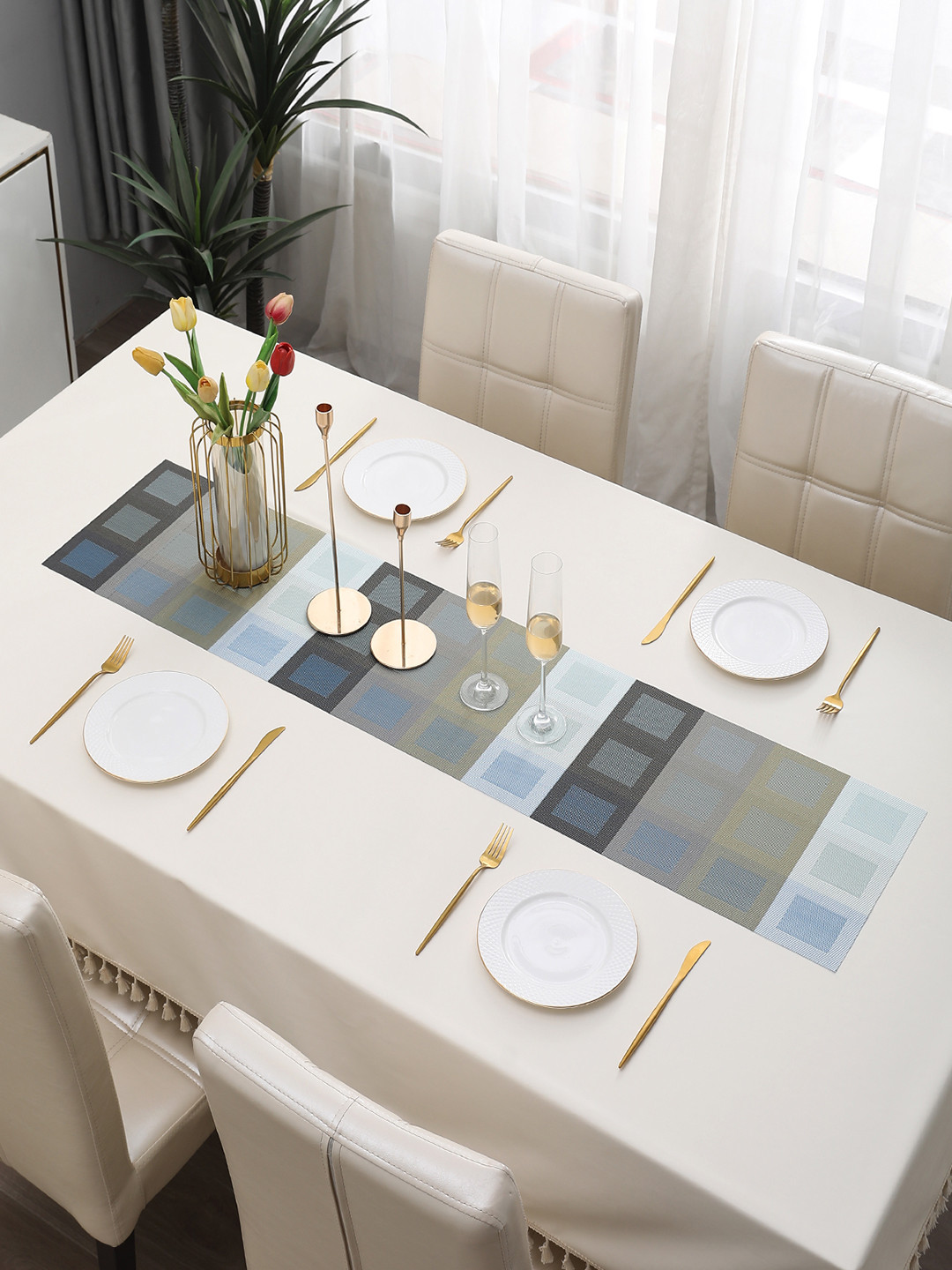 HOKIPO Blue Checked PVC Table Runner