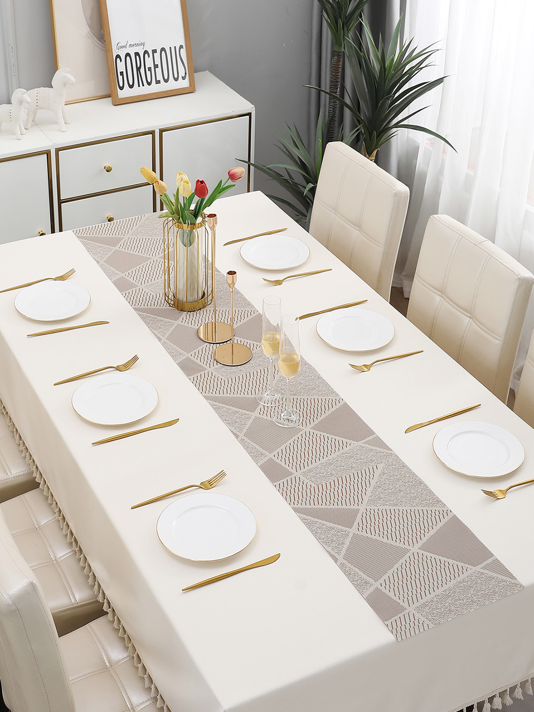 HOKIPO Beige Abstract Printed PVC Table Runner