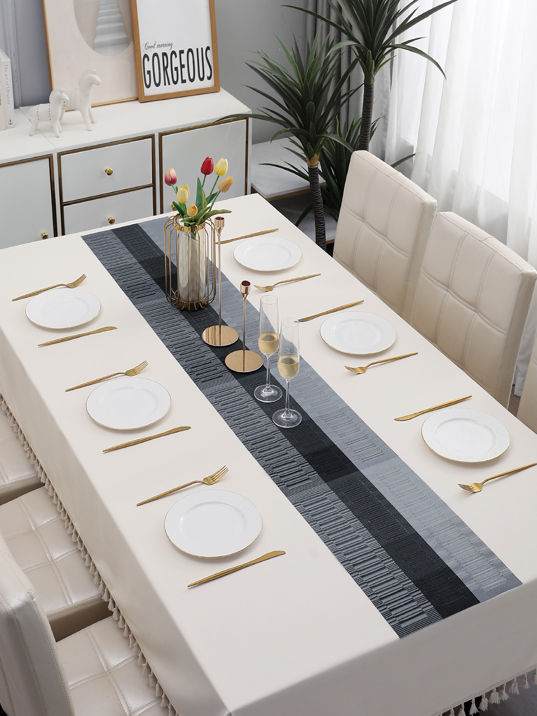 HOKIPO Grey & Black Striped Textured Table Runner