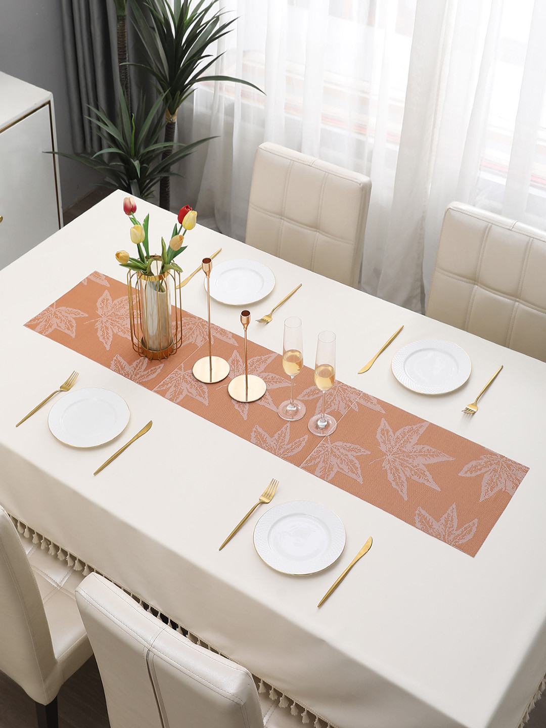 HOKIPO Orange Floral Printed Rectangular Table Runner