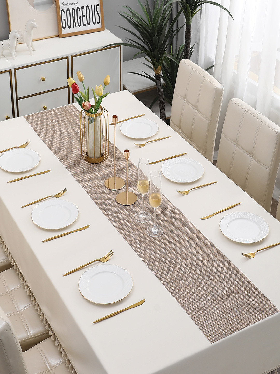 HOKIPO Cream-Coloured Textured Rectangular Table Runner