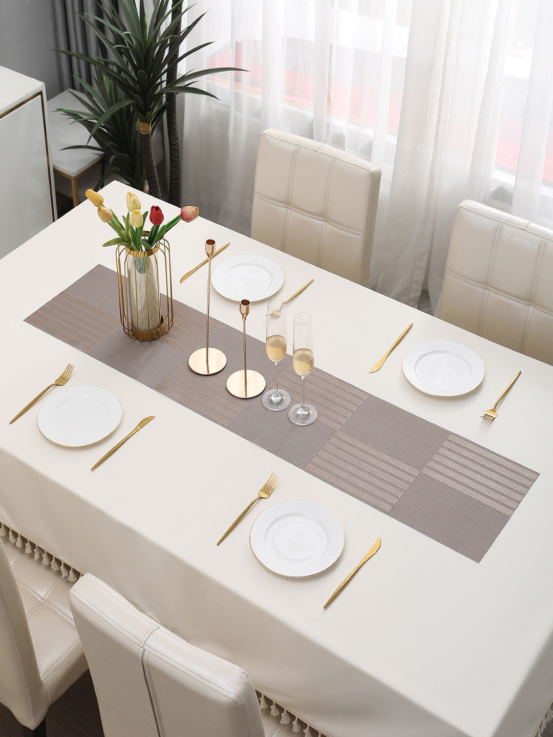 HOKIPO Brown Stripes Printed Rectangular Table Runner