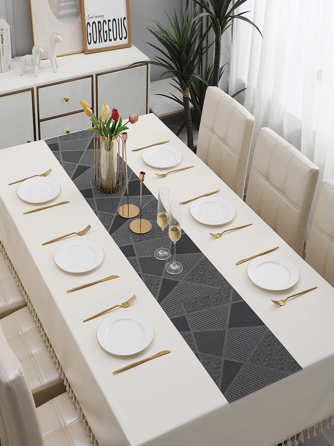 HOKIPO Black Abstract Printed Rectangular Table Runner