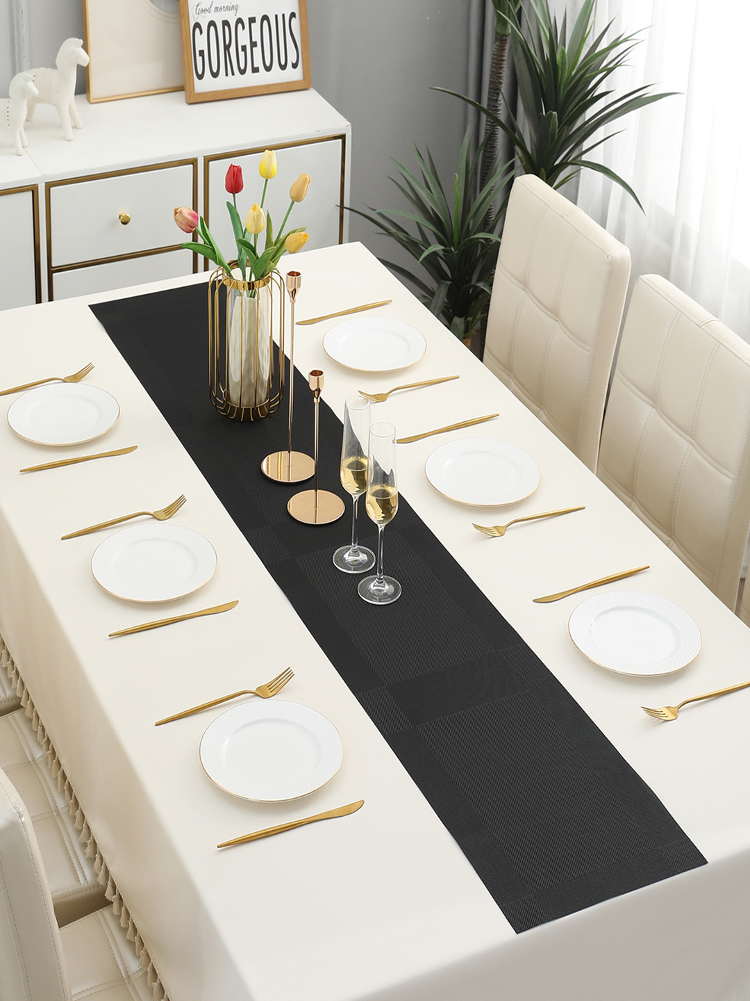 HOKIPO Black Geometric Design Rectangular Table Runner