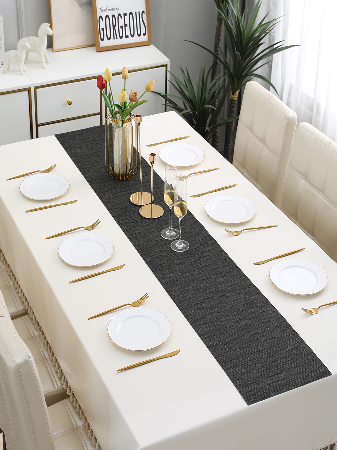 HOKIPO Black Rectangular Table Runner