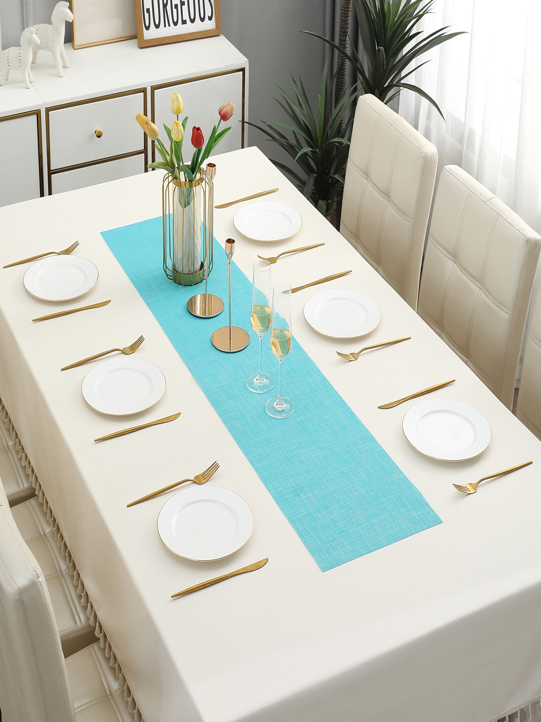 HOKIPO Blue Solid Rectangular Table Runner