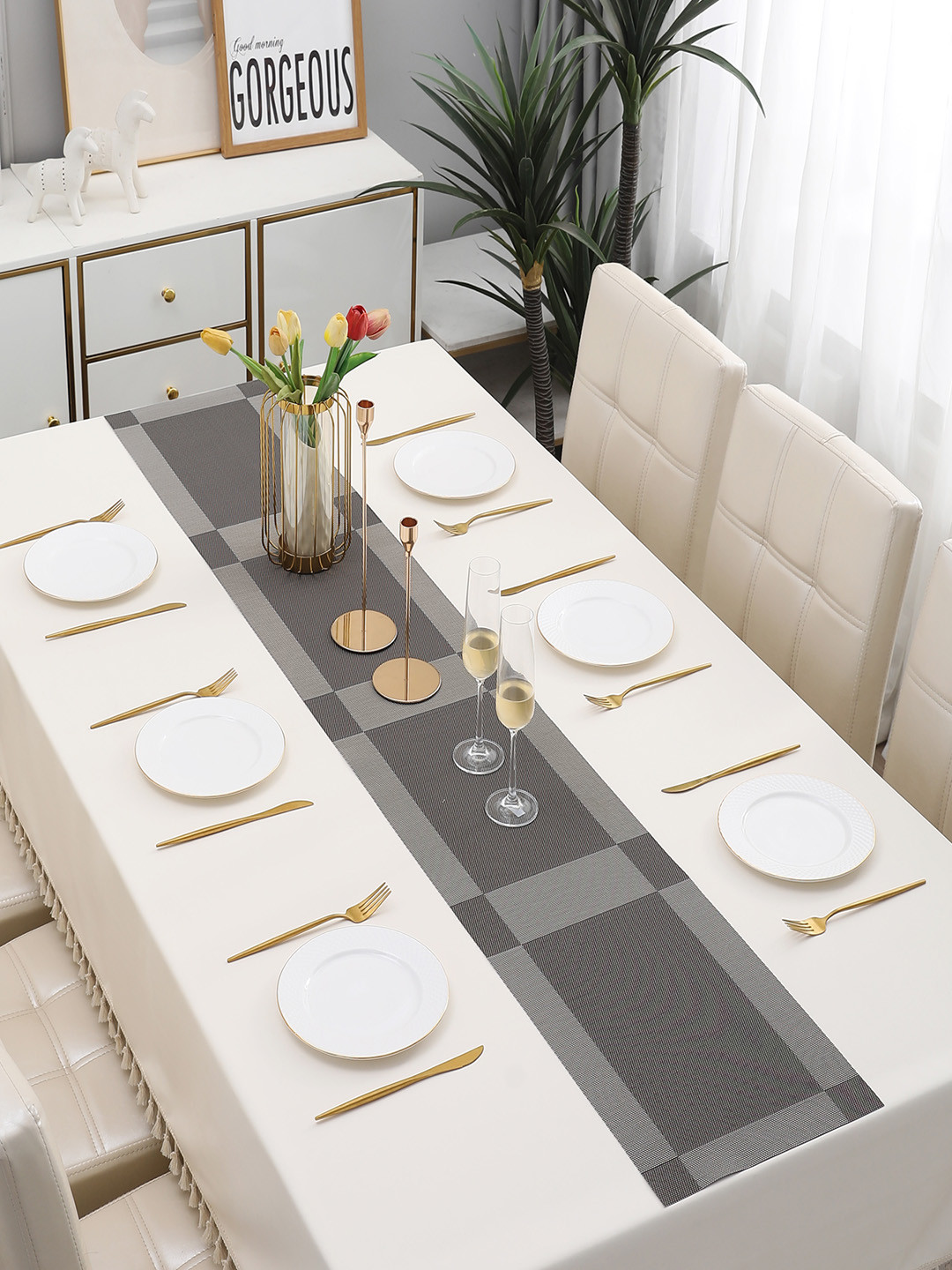 HOKIPO Grey Geometric Rectangular Table Runner