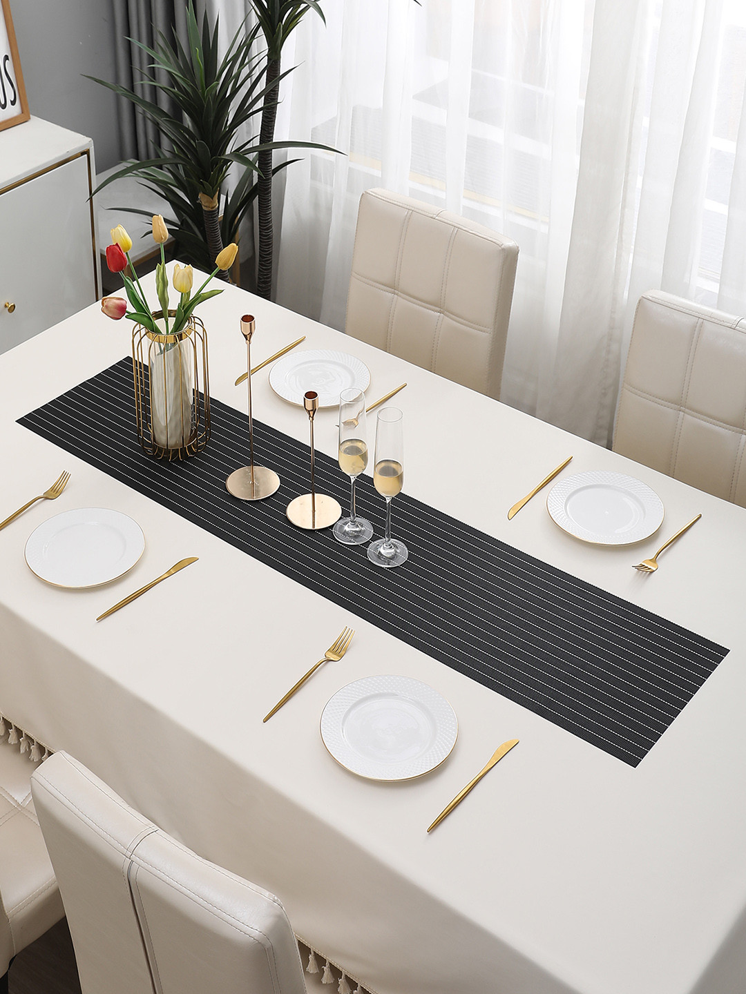 HOKIPO Black & White Stripes Design Rectangular Table Runner