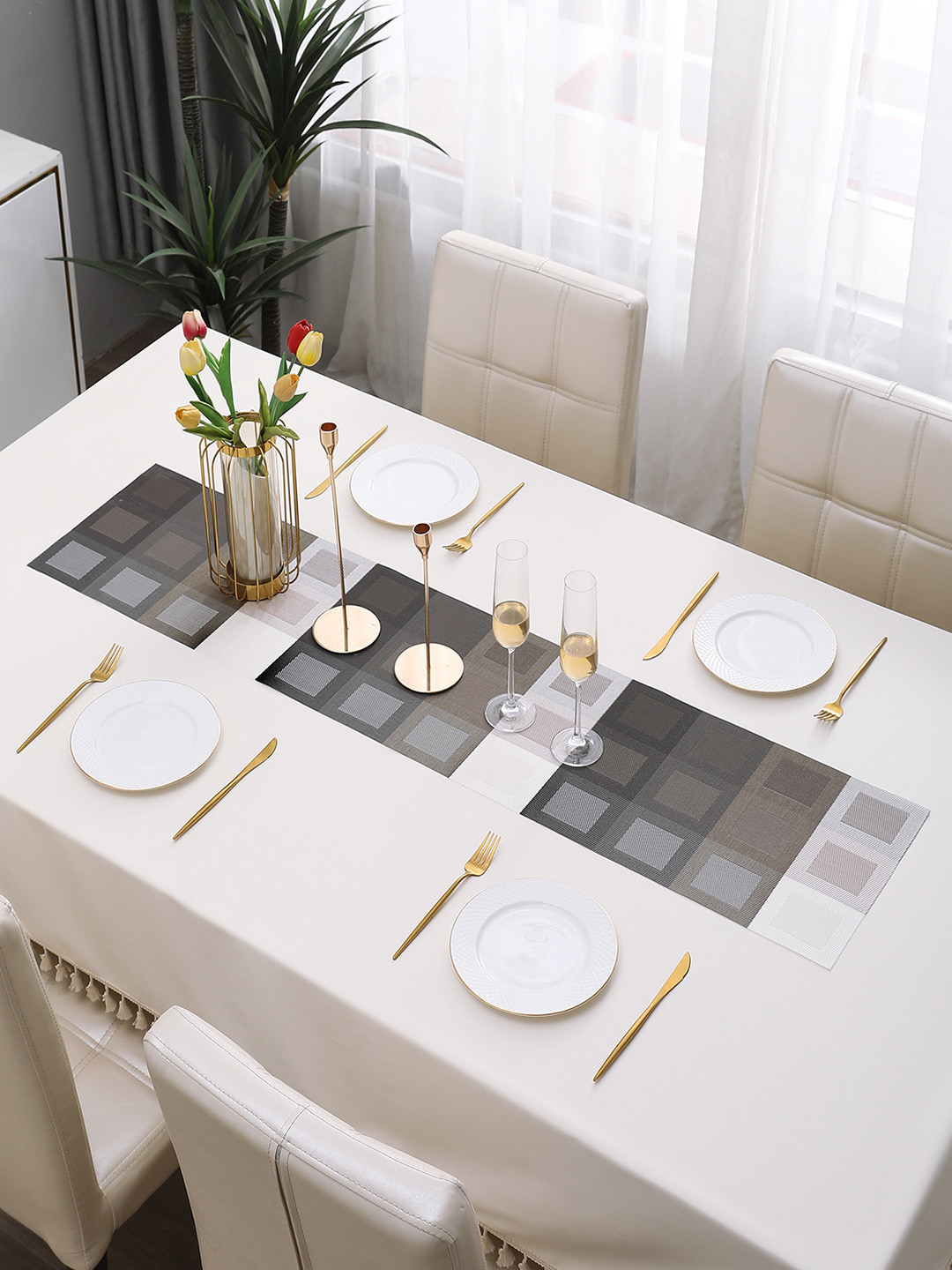 HOKIPO Brown Checkes Design Rectangular Table Runner