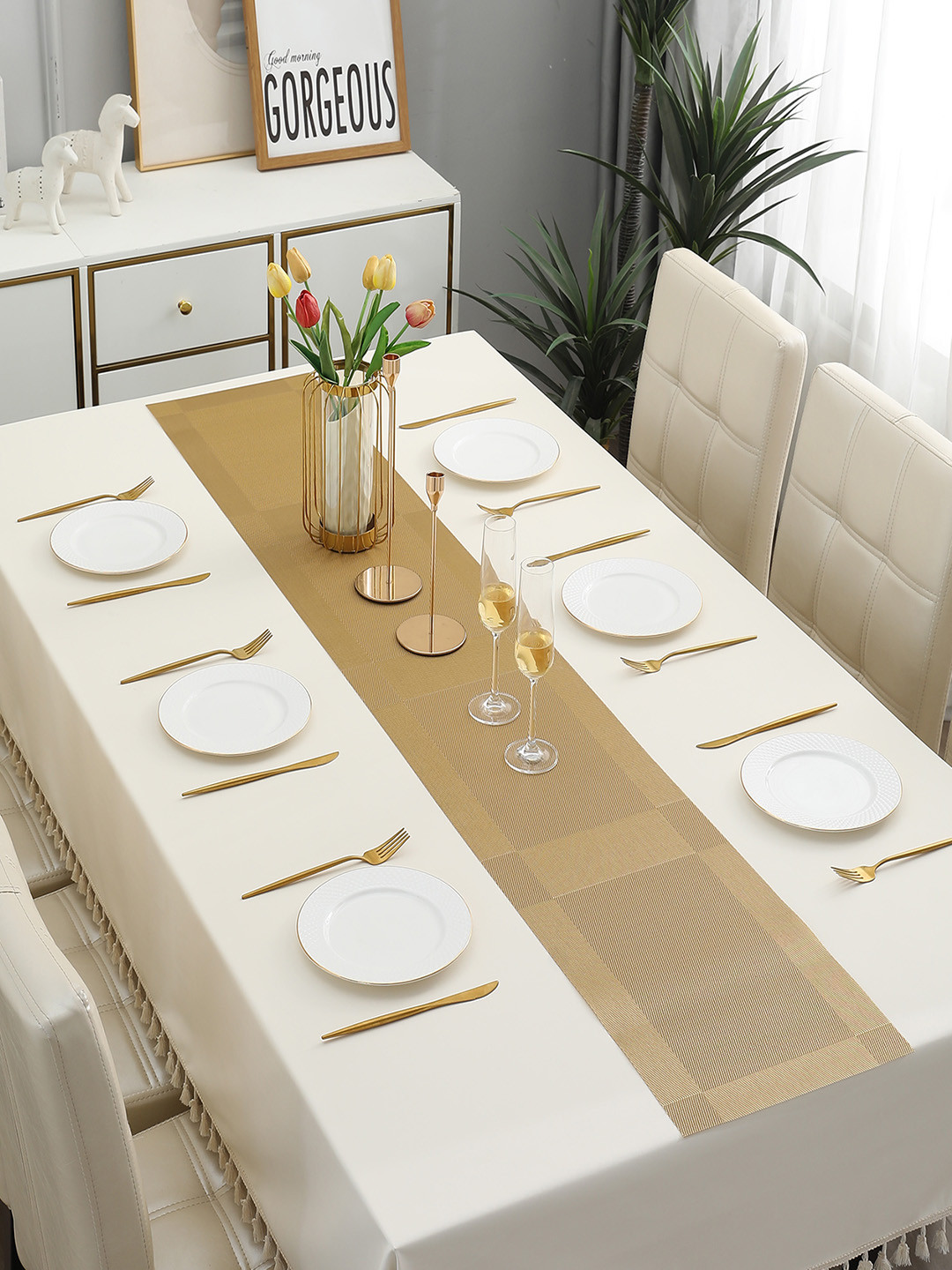 HOKIPO Gold Toned Geometric Rectangular Table Runner