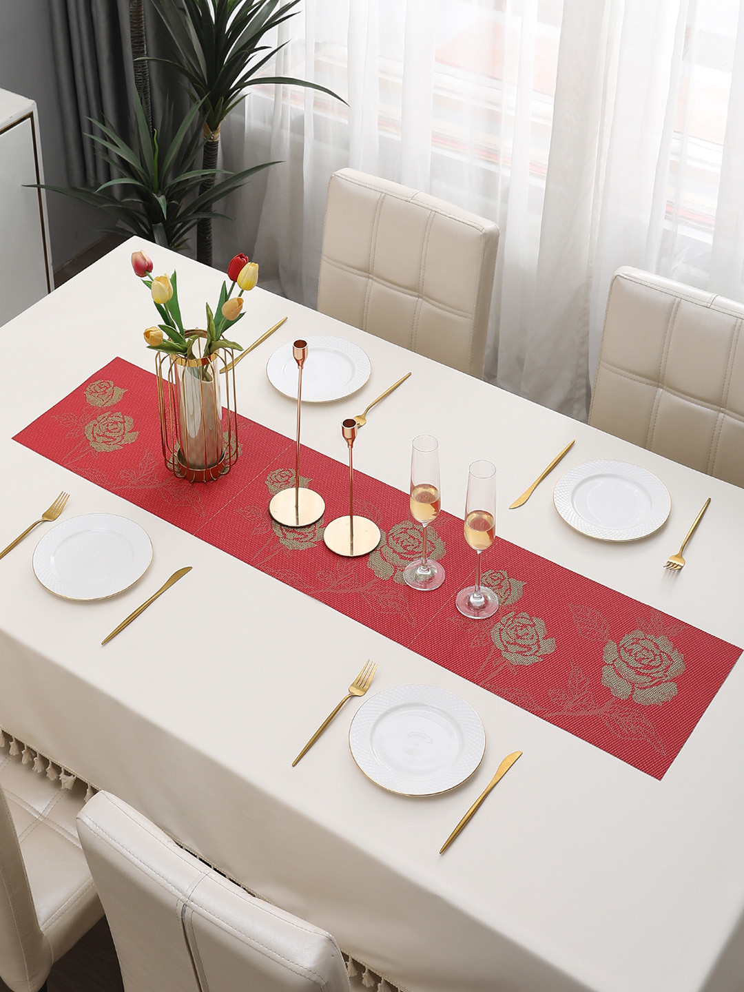 HOKIPO Red Floral Design Rectangular Table Runner