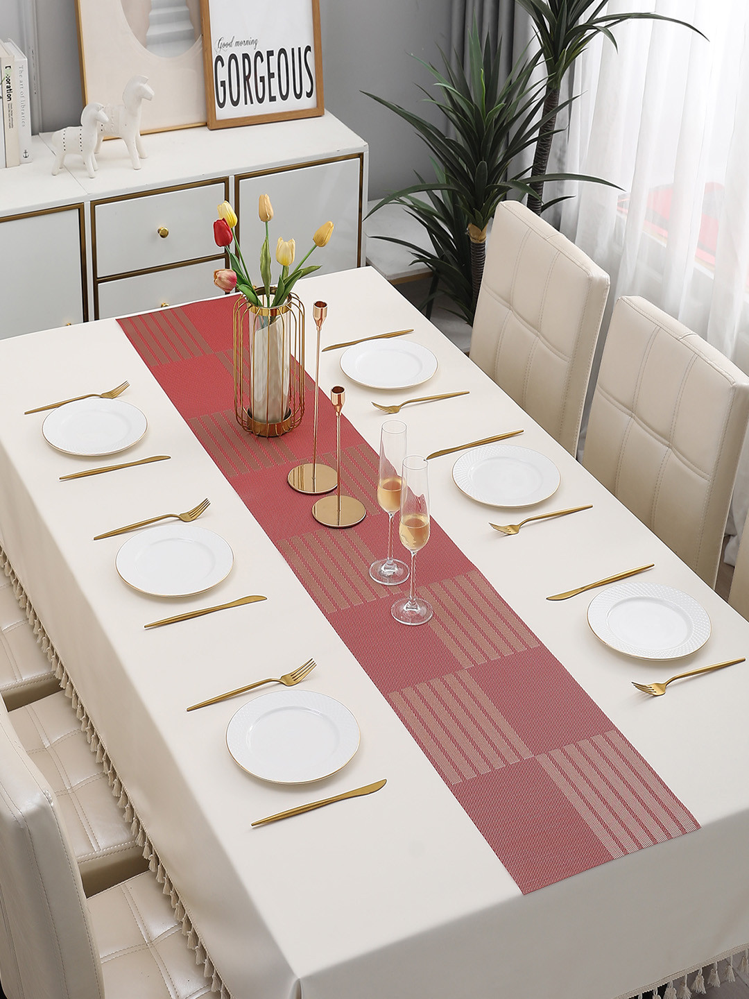 HOKIPO Red Checks Design Rectangular Table Runner