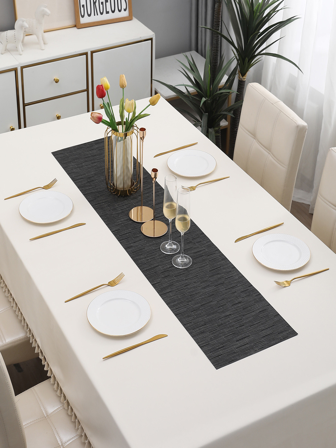 HOKIPO Black Textured Rectangular Table Runner