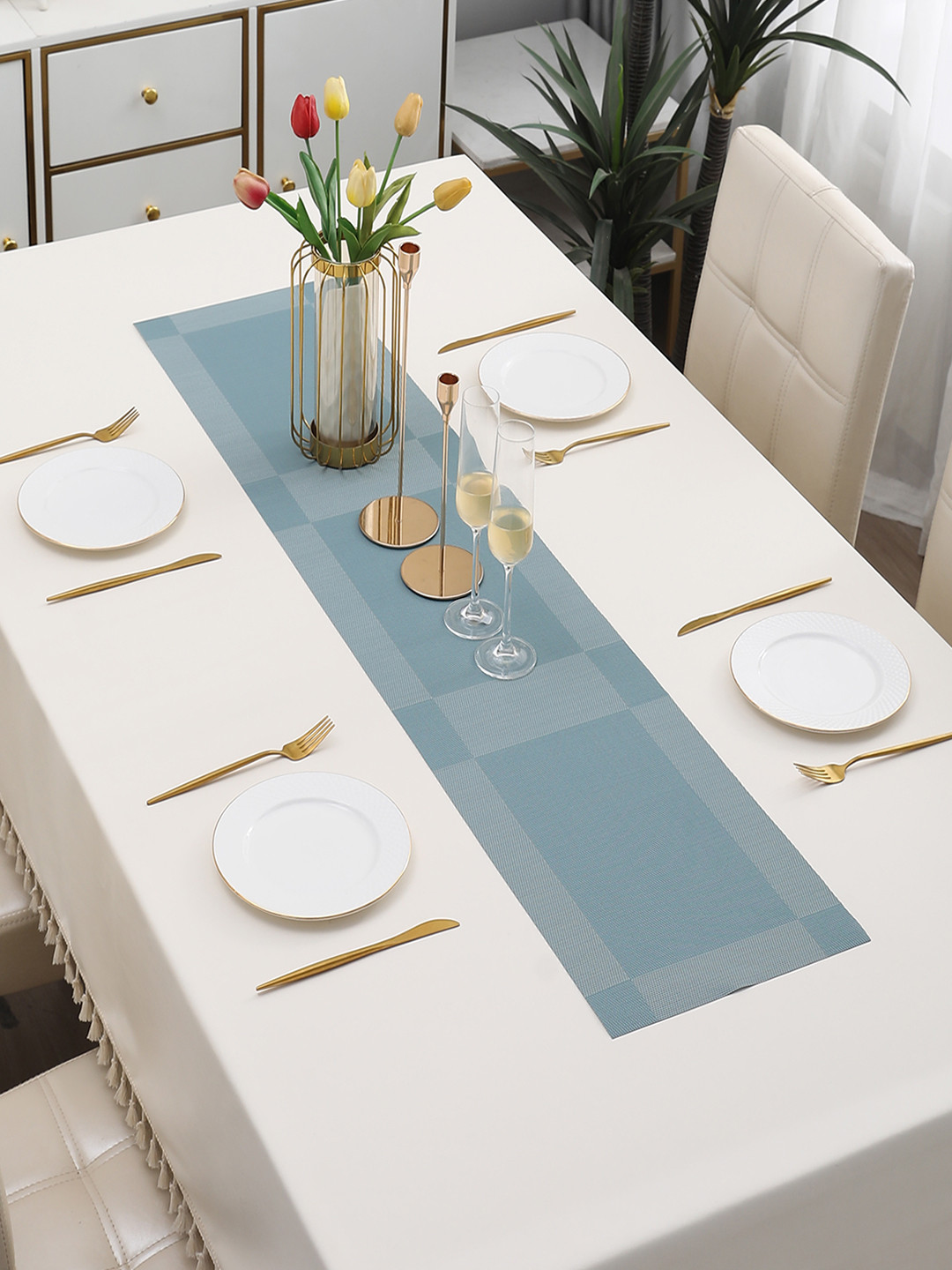 HOKIPO Blue Geometric Design Rectangular Table Runner