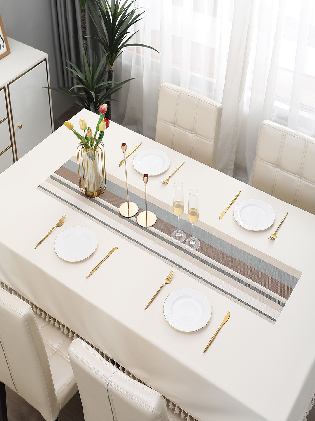 HOKIPO Brown & Grey Stripes Design Rectangular Table Runner